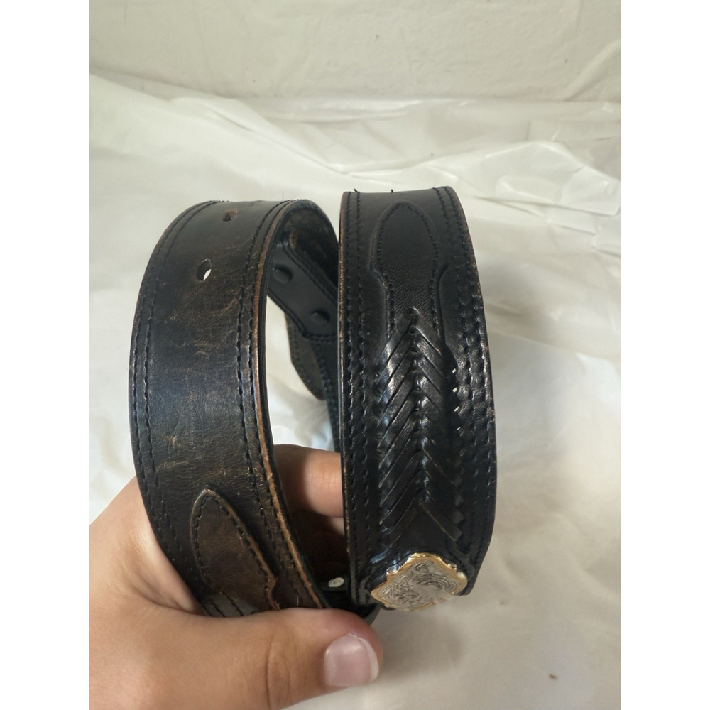 Double J Saddlery Belt Leather Western Belt Size 34 Silver gold trim